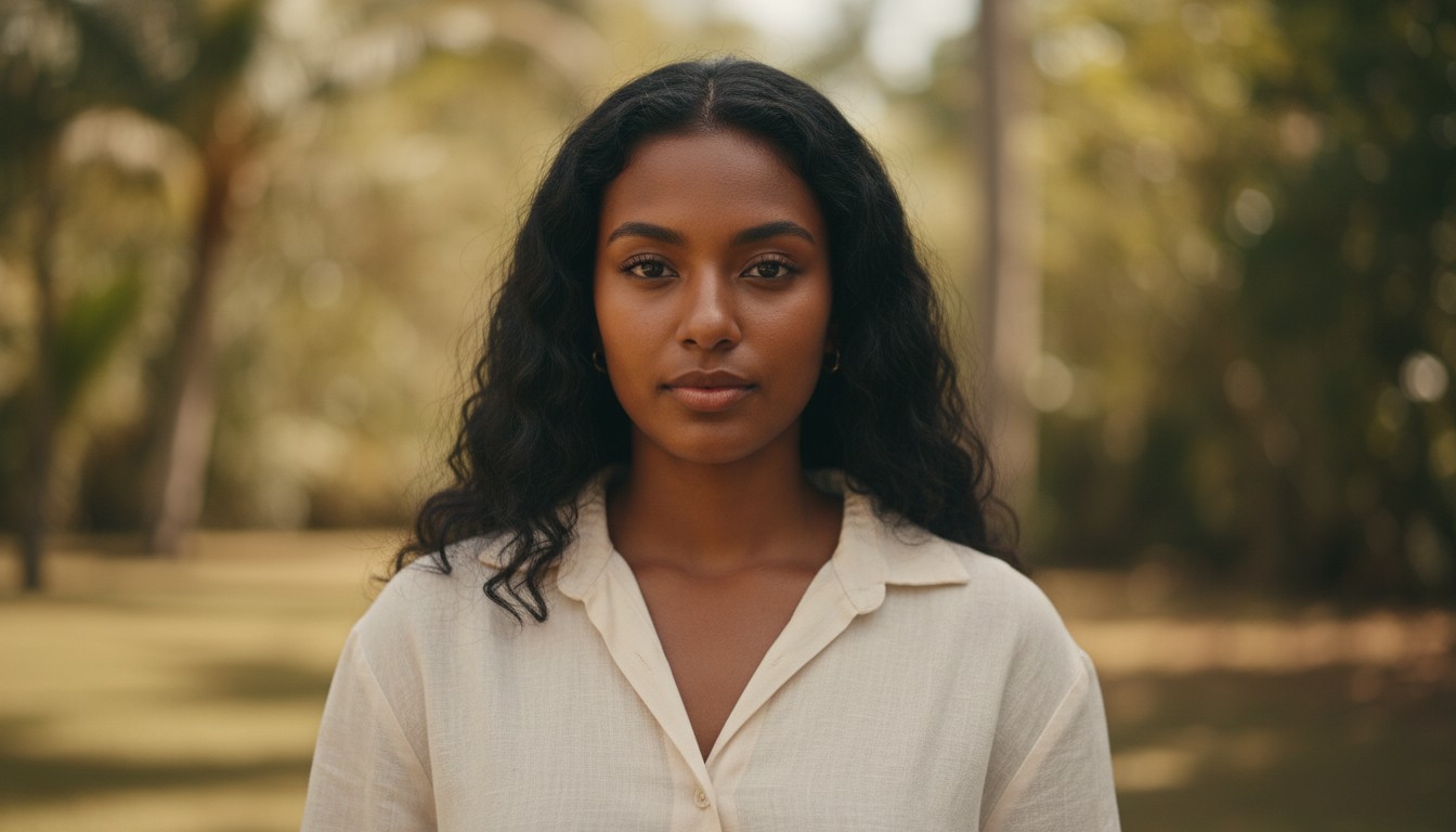 Portrait ultra réaliste d'une jeune femme d'origine mauricienne, cheveux noirs o...