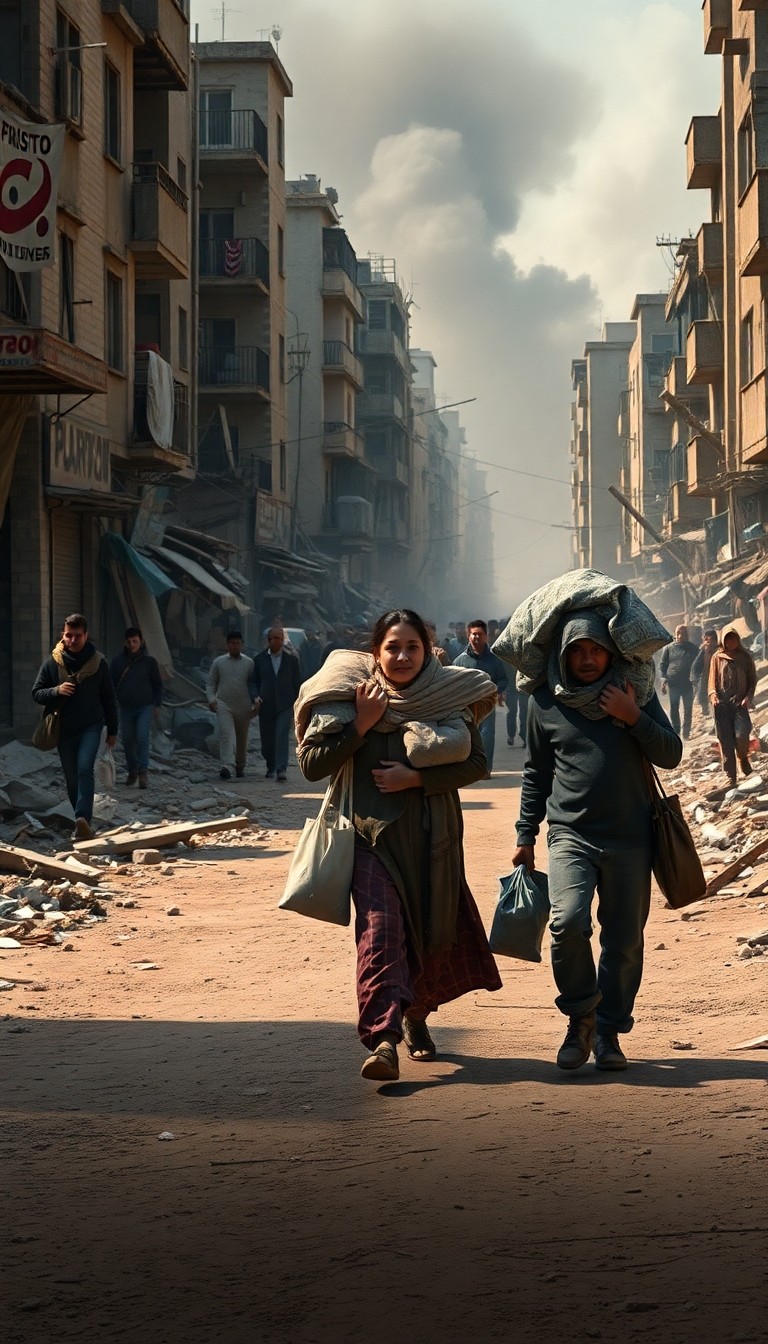 Displaced civilians walking through destroyed urban landscape carrying belonging...