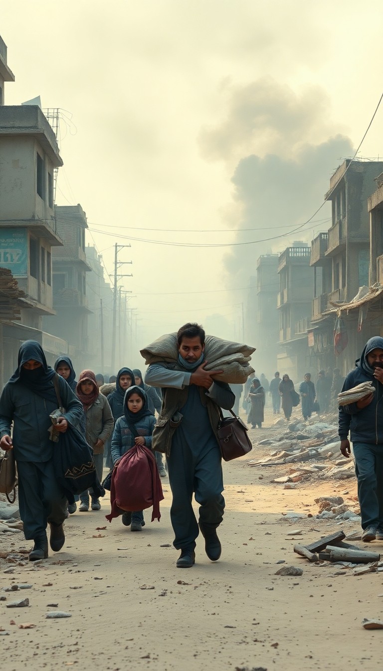Displaced civilians walking through destroyed urban landscape carrying belonging...