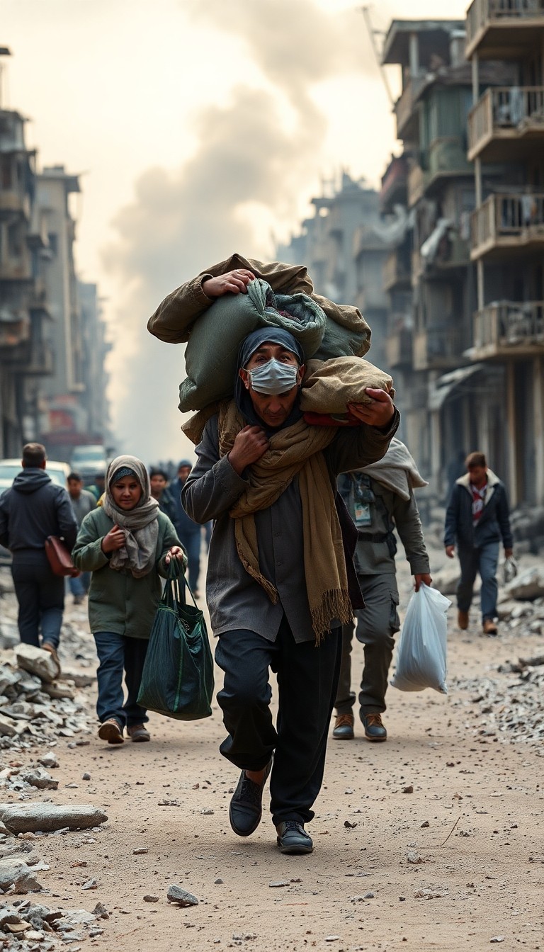 Displaced civilians walking through destroyed urban landscape carrying belonging...