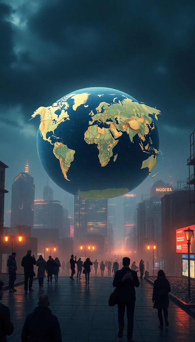 A global map floating above destroyed cities, people walking past looking at pho...