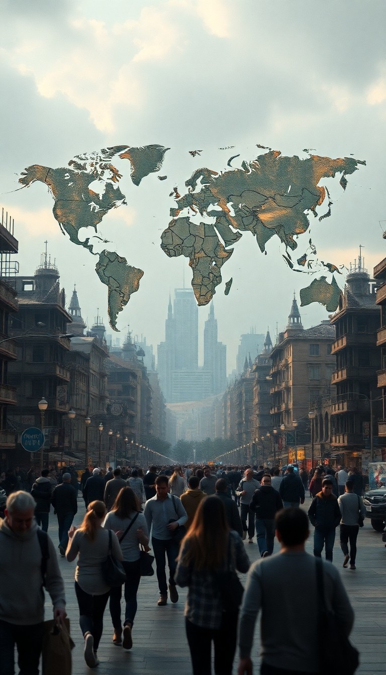 A global map floating above destroyed cities, people walking past looking at pho...