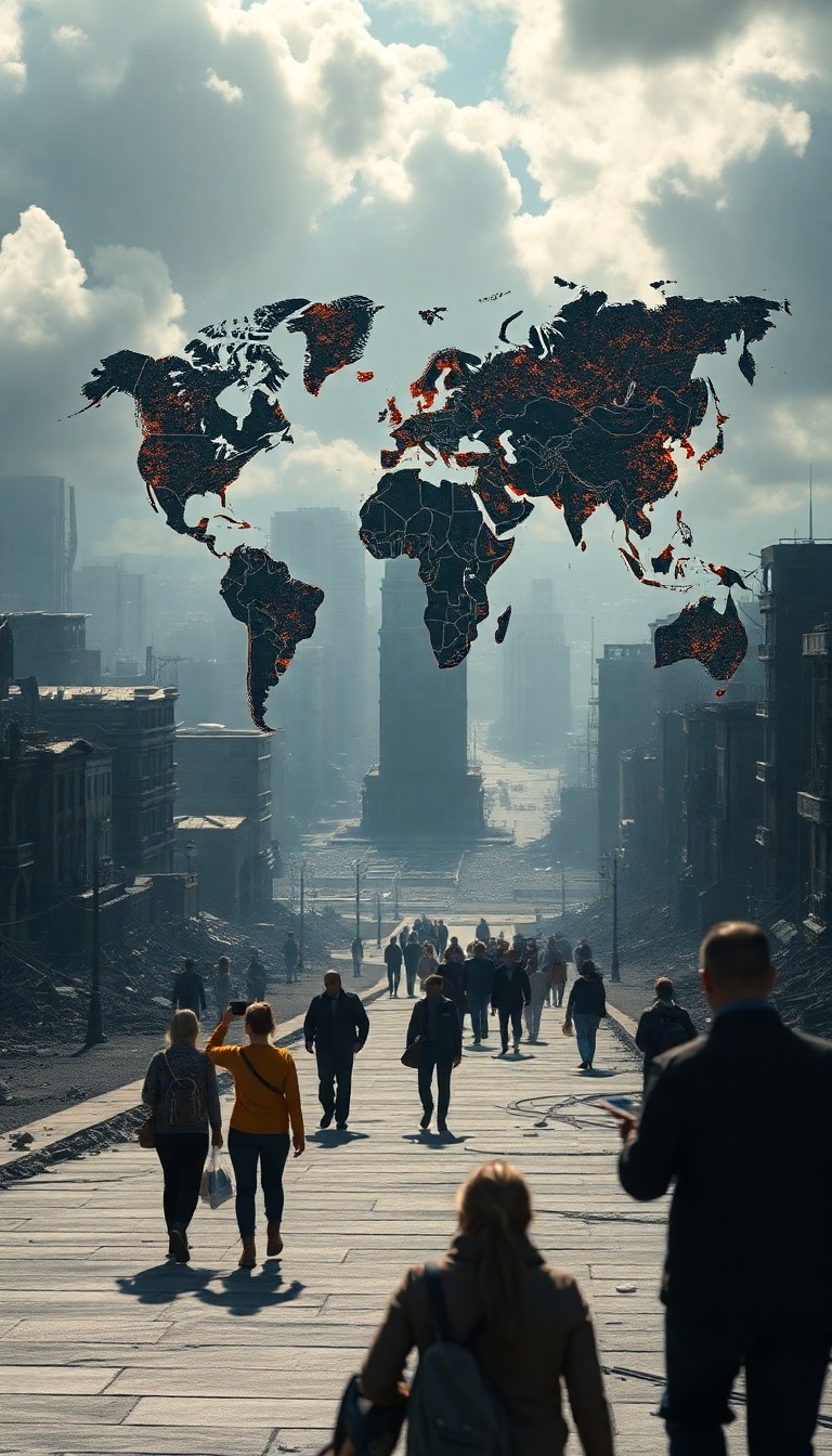 A global map floating above destroyed cities, people walking past looking at pho...