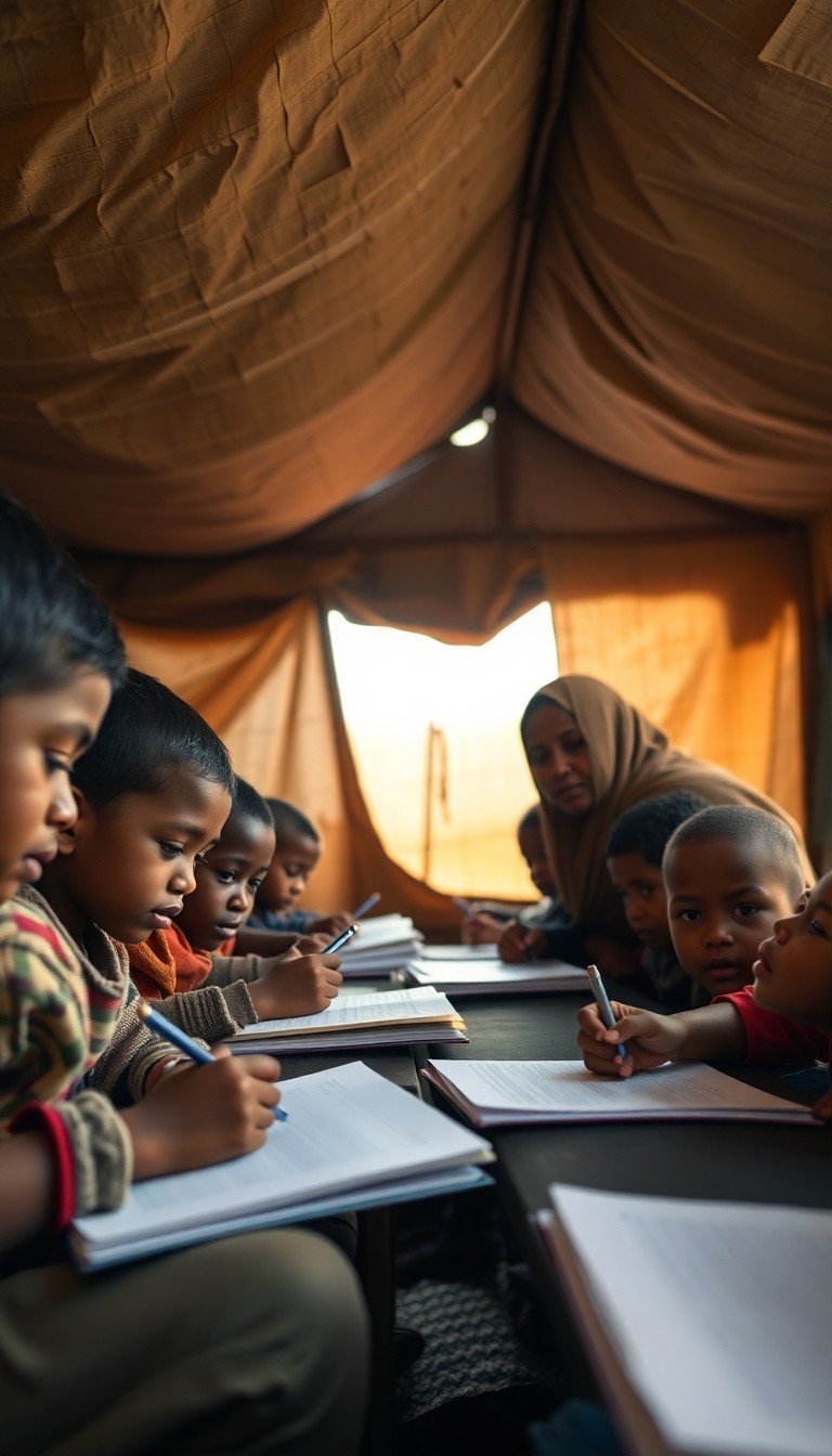 Photorealistic scene of children learning inside a temporary shelter in a humani...