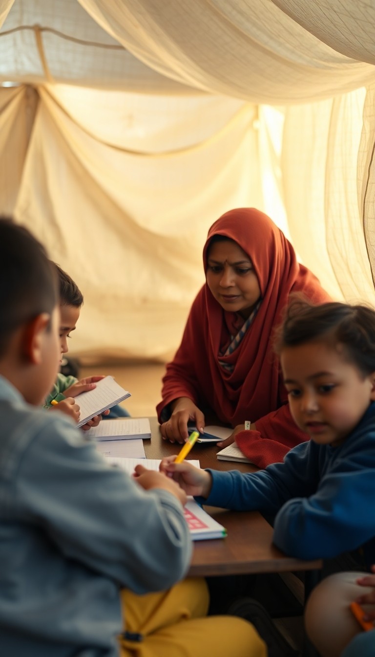Photorealistic scene of children learning inside a temporary shelter in a humani...