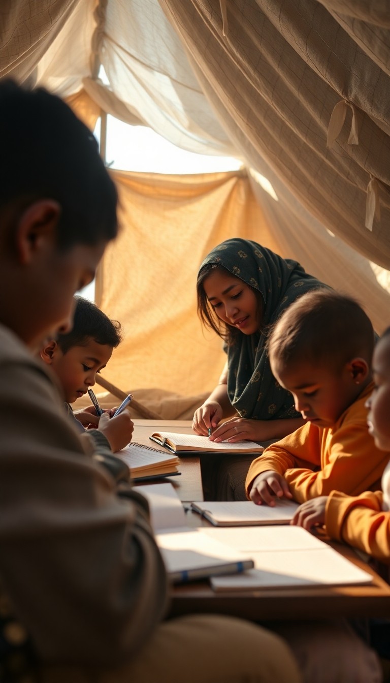 Photorealistic scene of children learning inside a temporary shelter in a humani...