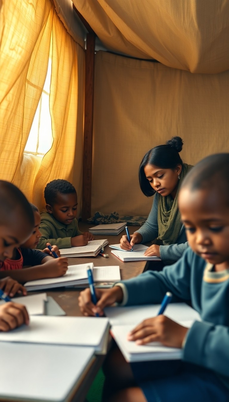 Photorealistic scene of children learning inside a temporary shelter in a humani...