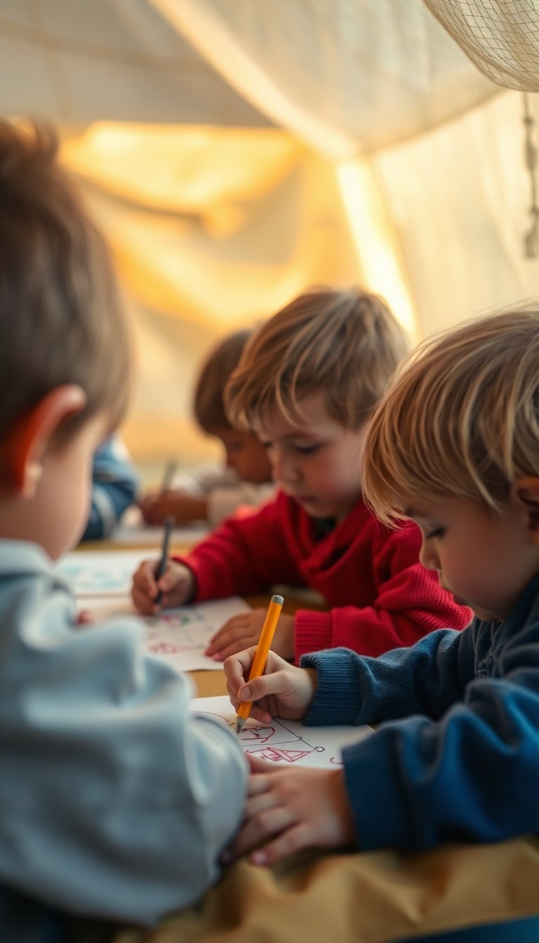 Close-up of children drawing peaceful scenes like houses, trees, and sunlight in...