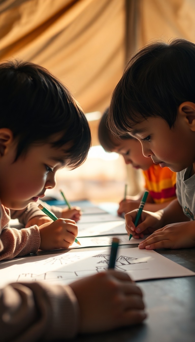Close-up of children drawing peaceful scenes like houses, trees, and sunlight in...