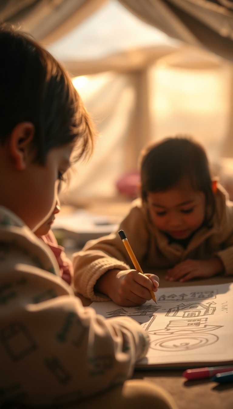 Close-up of children drawing peaceful scenes like houses, trees, and sunlight in...