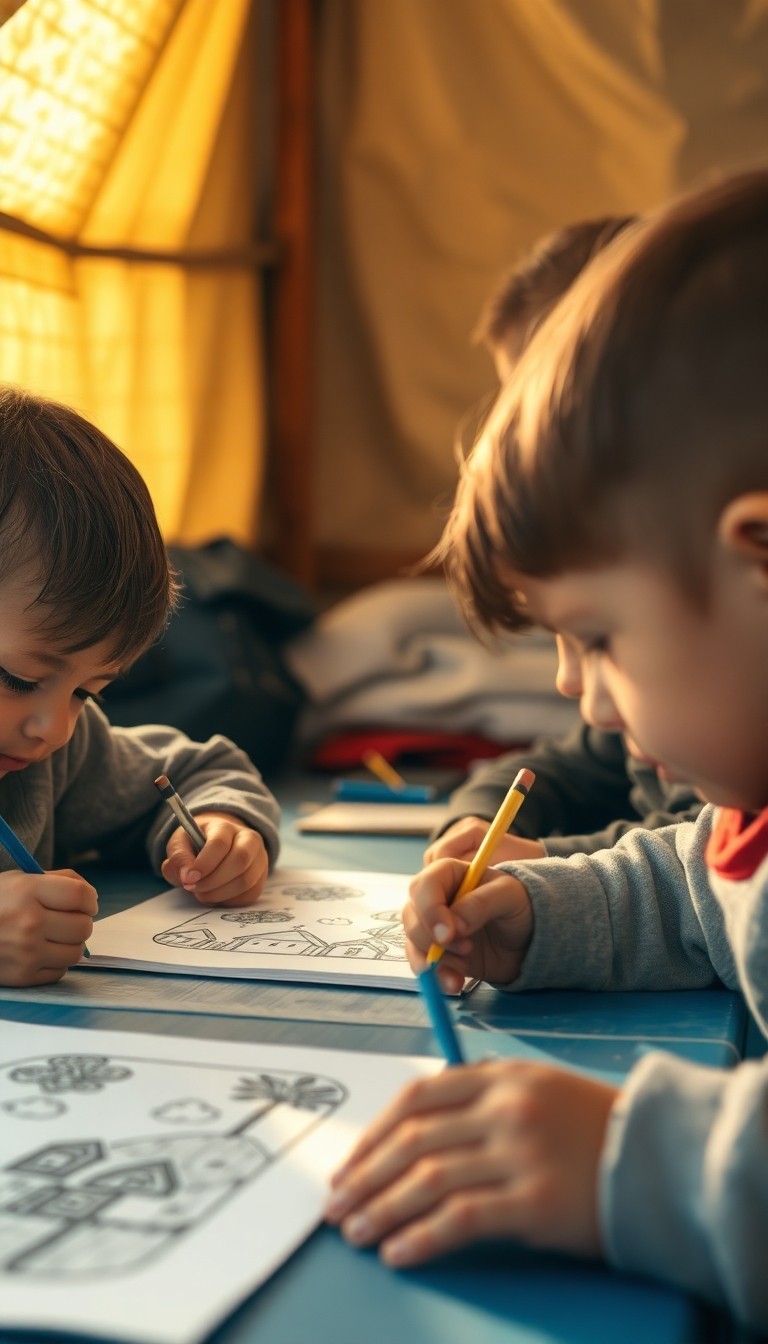 Close-up of children drawing peaceful scenes like houses, trees, and sunlight in...