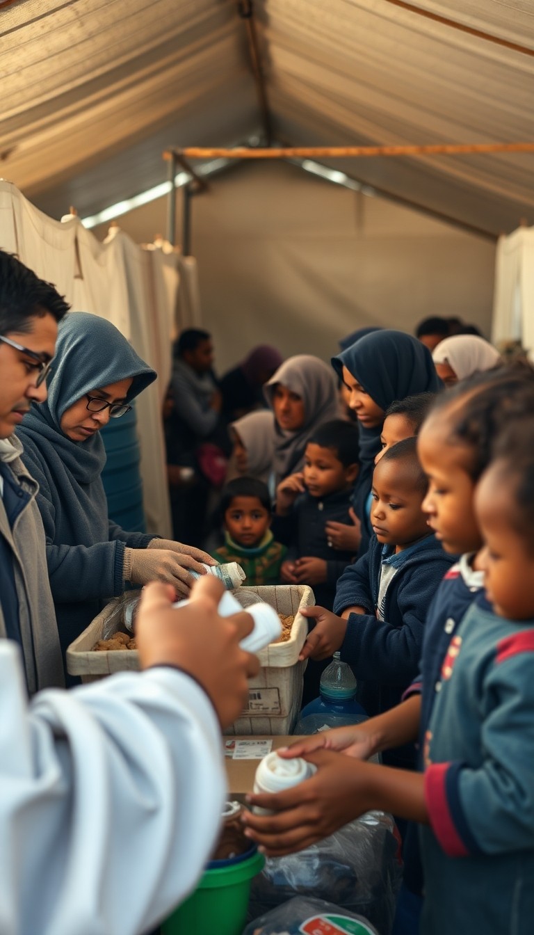 Humanitarian aid workers calmly distributing food and water to families in a tem...