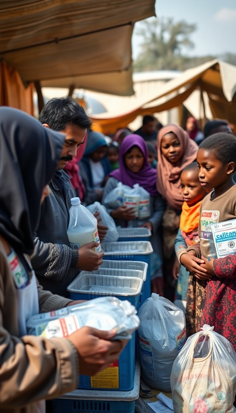 Humanitarian aid workers calmly distributing food and water to families in a tem...