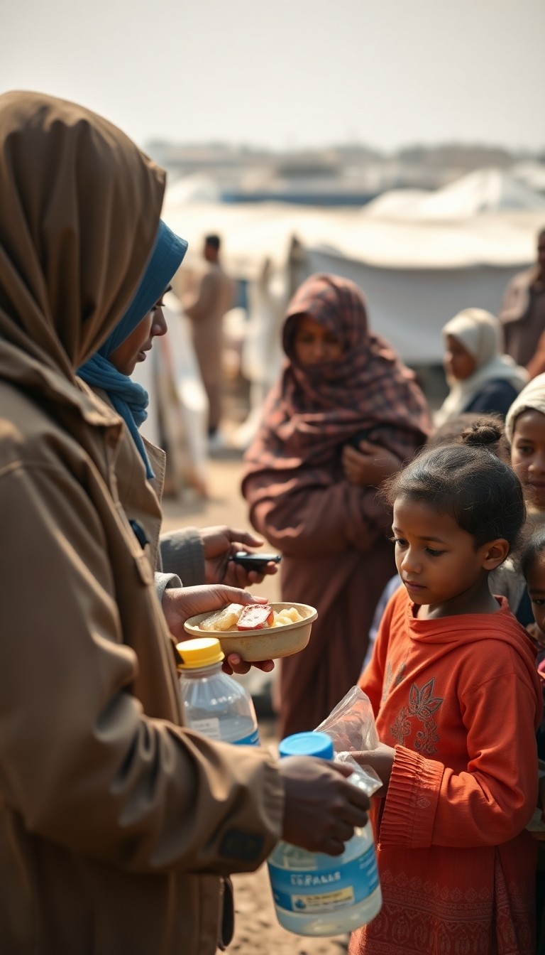 Humanitarian aid workers calmly distributing food and water to families in a tem...