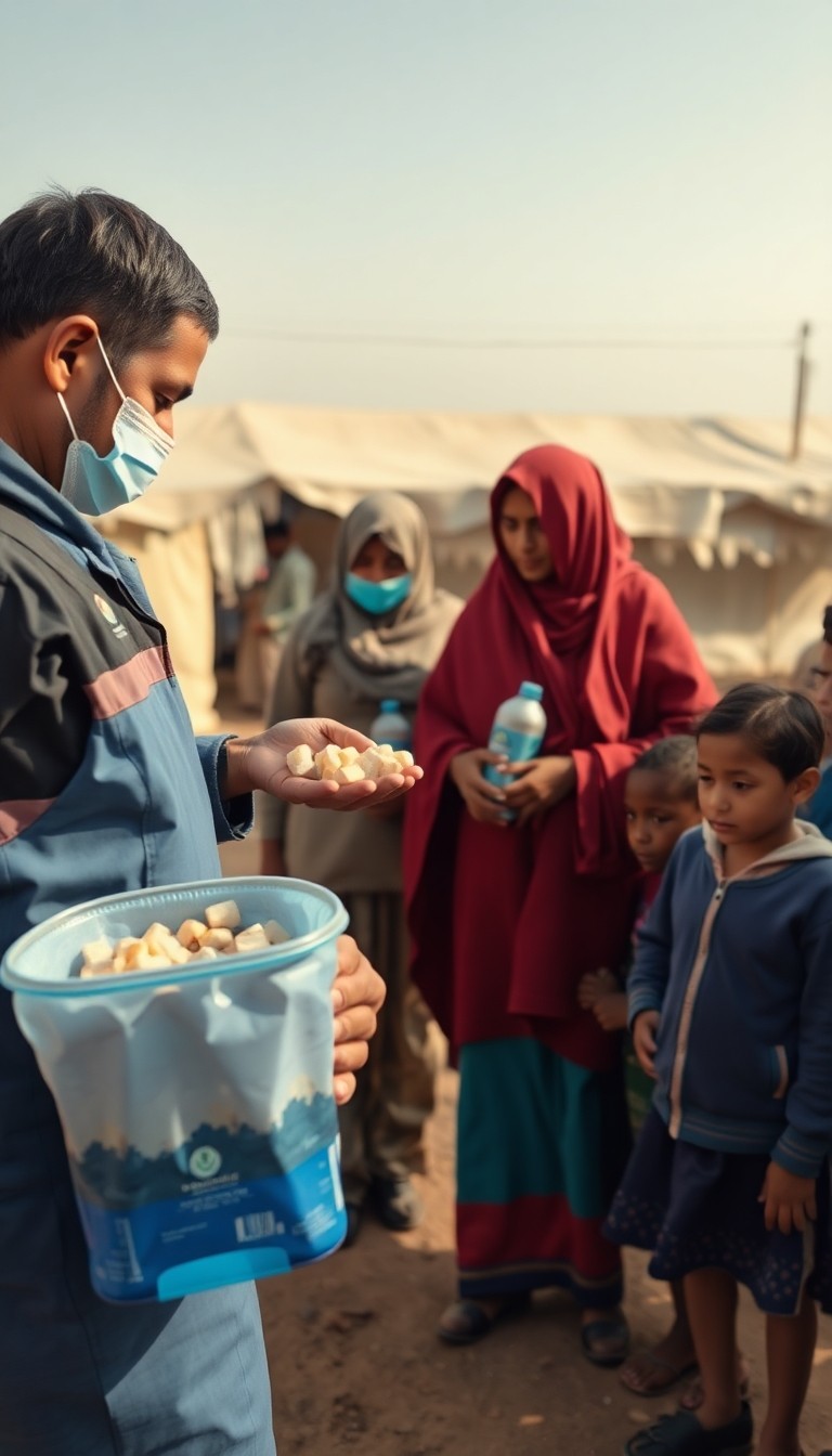 Humanitarian aid workers calmly distributing food and water to families in a tem...