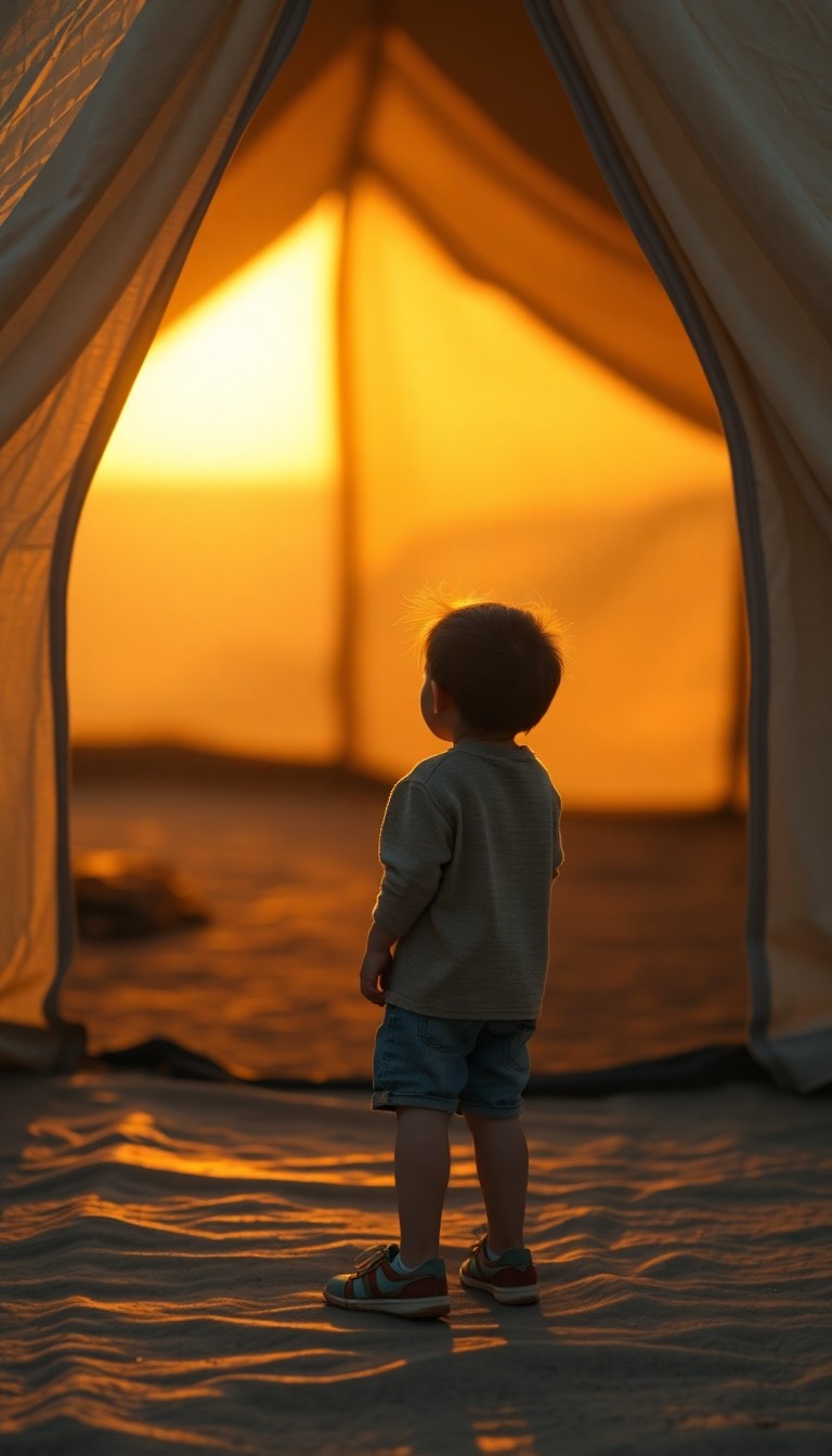 A child standing at the entrance of a temporary shelter looking toward the horiz...