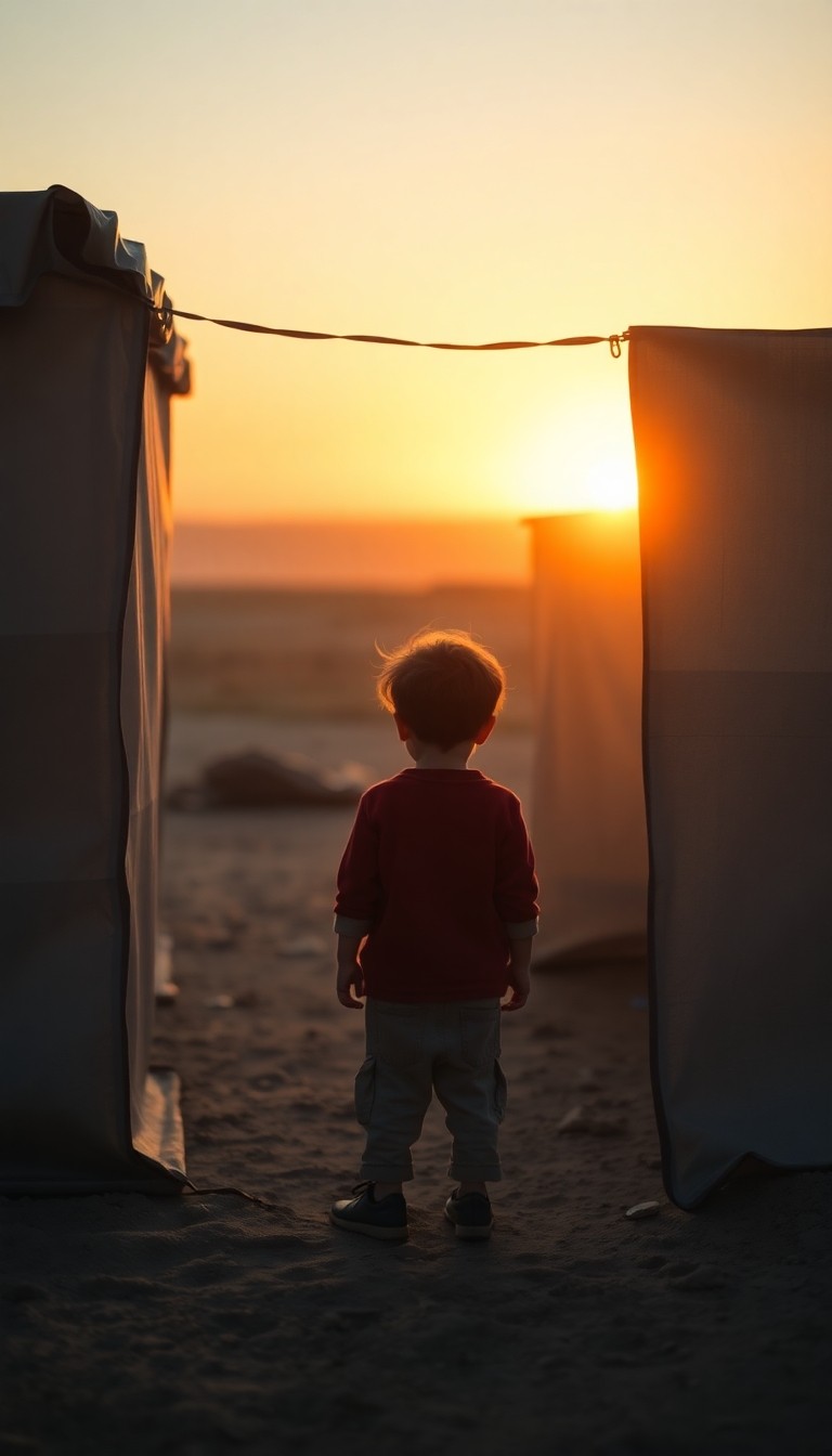 A child standing at the entrance of a temporary shelter looking toward the horiz...