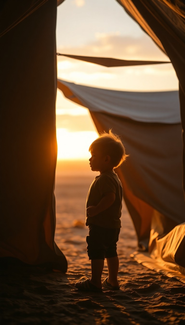 A child standing at the entrance of a temporary shelter looking toward the horiz...