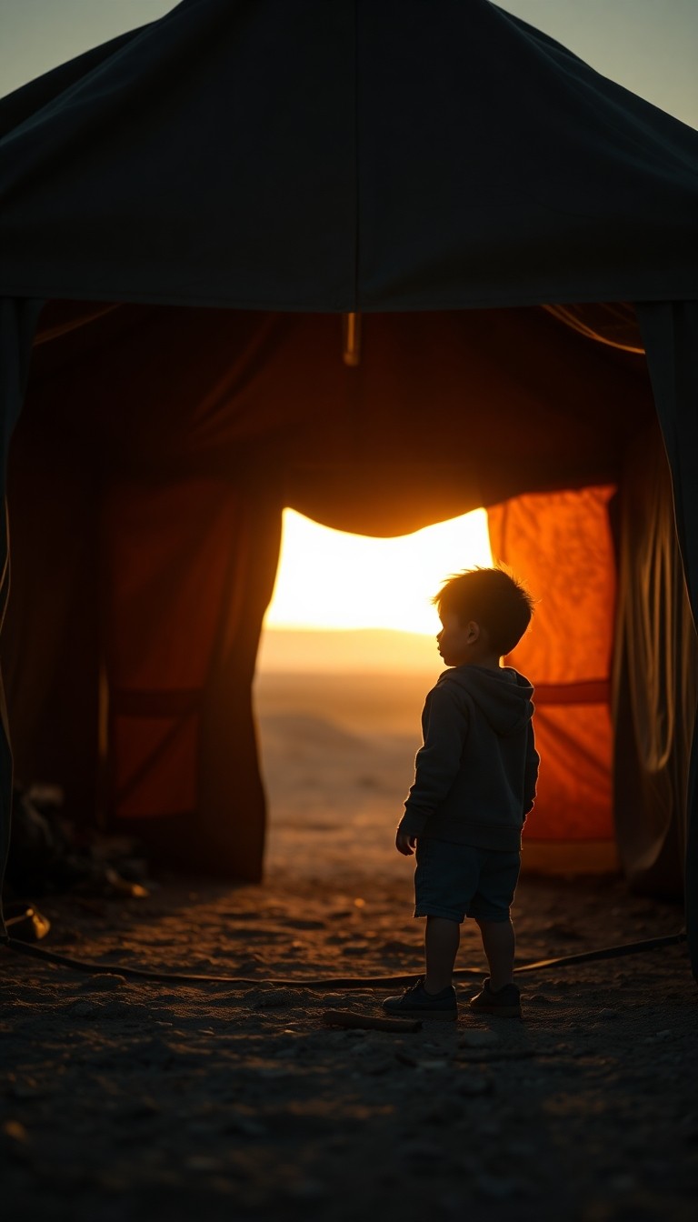 A child standing at the entrance of a temporary shelter looking toward the horiz...