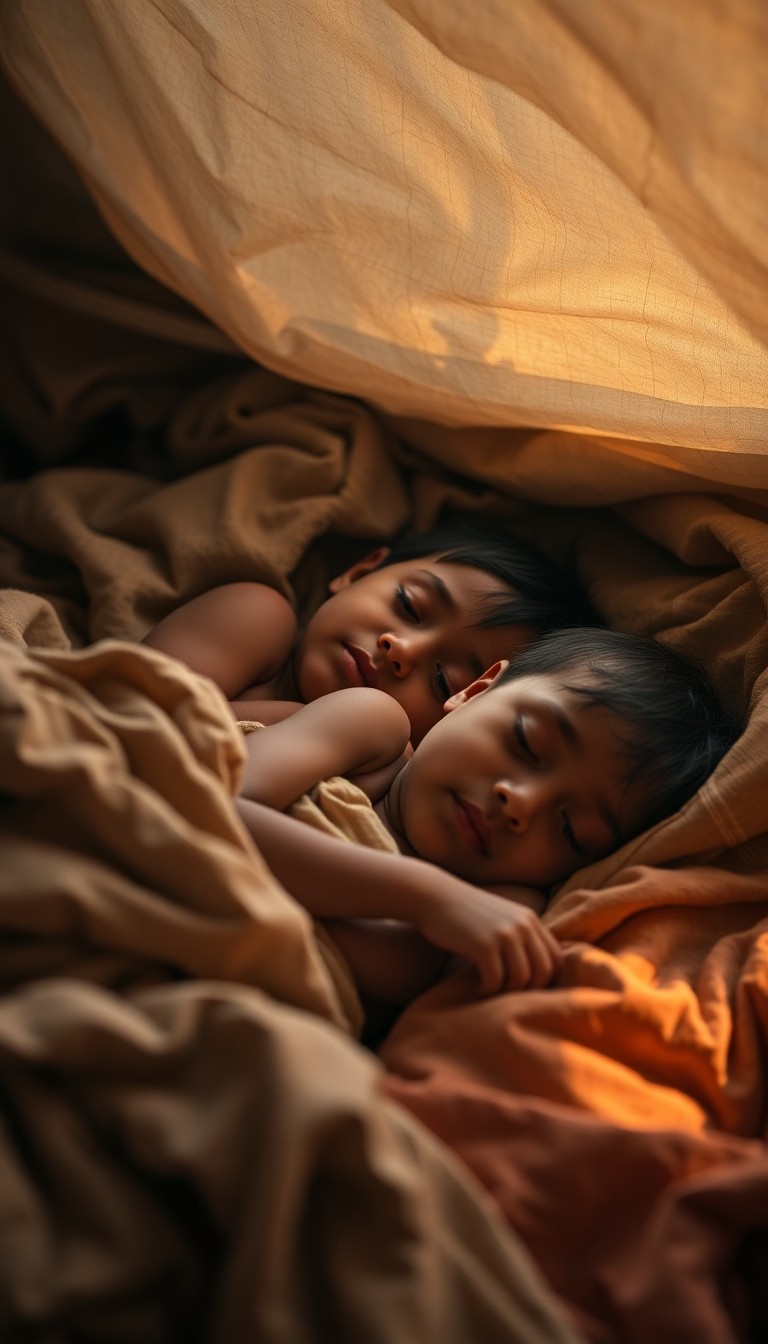 Children sleeping peacefully on makeshift bedding inside a humanitarian shelter,...