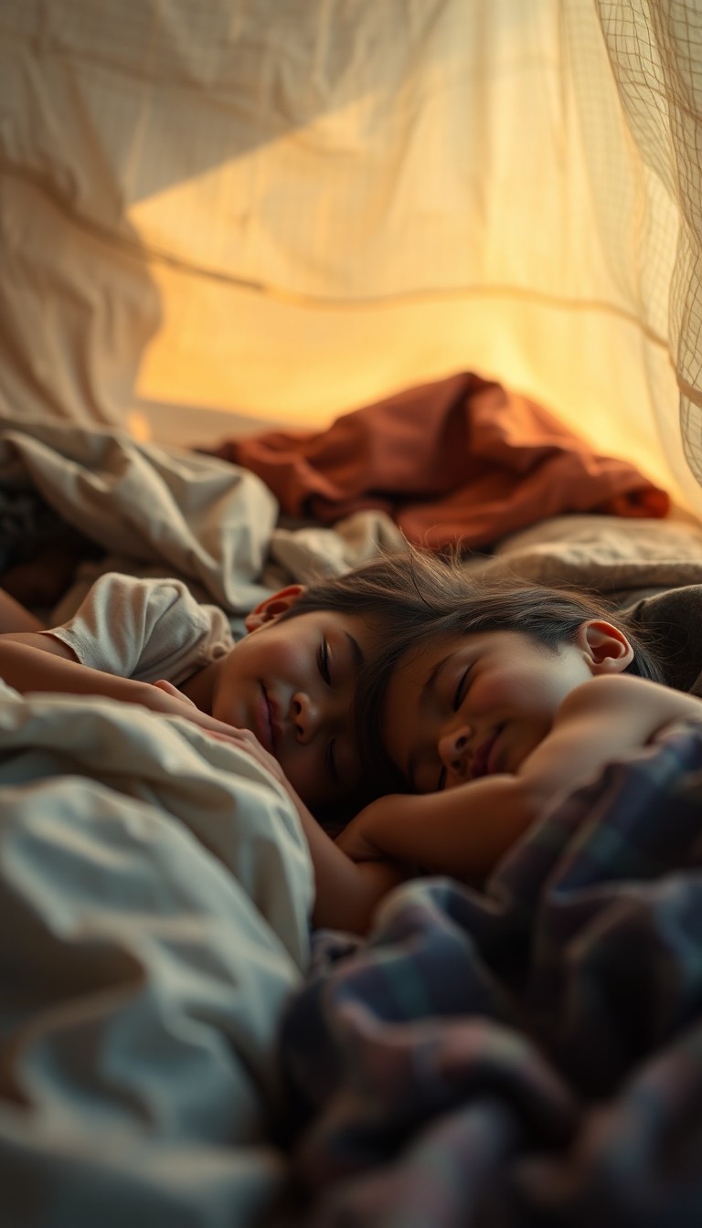 Children sleeping peacefully on makeshift bedding inside a humanitarian shelter,...