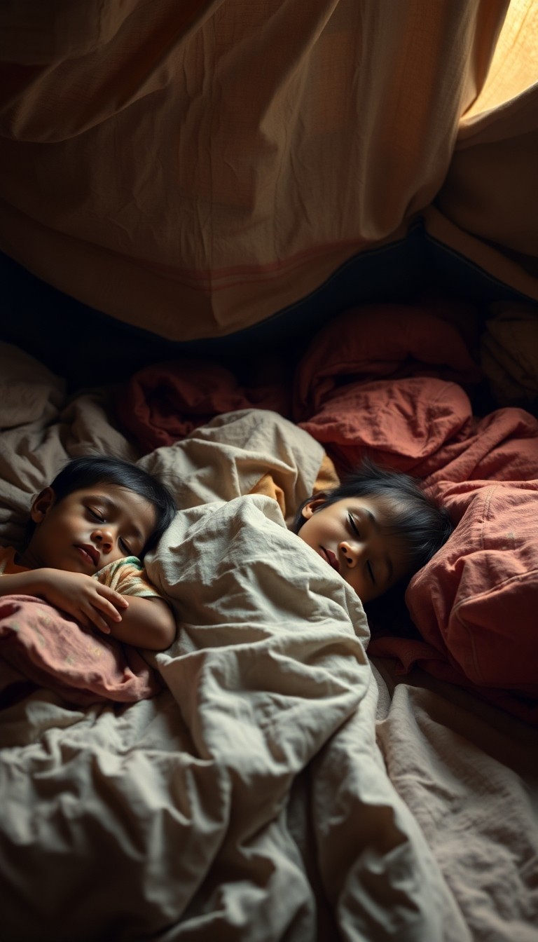 Children sleeping peacefully on makeshift bedding inside a humanitarian shelter,...