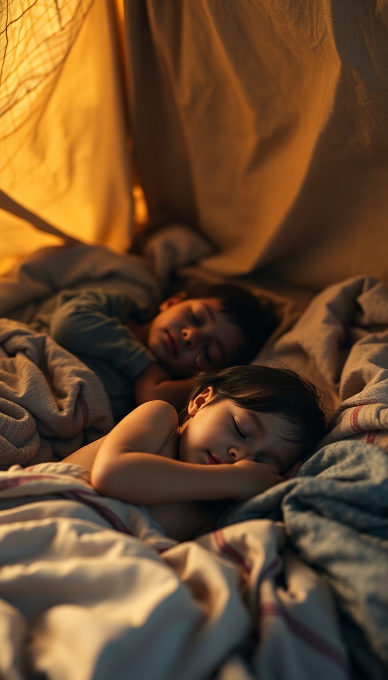 Children sleeping peacefully on makeshift bedding inside a humanitarian shelter,...