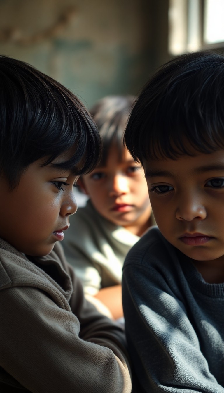 Photorealistic scene of children in a humanitarian shelter showing subtle sadnes...