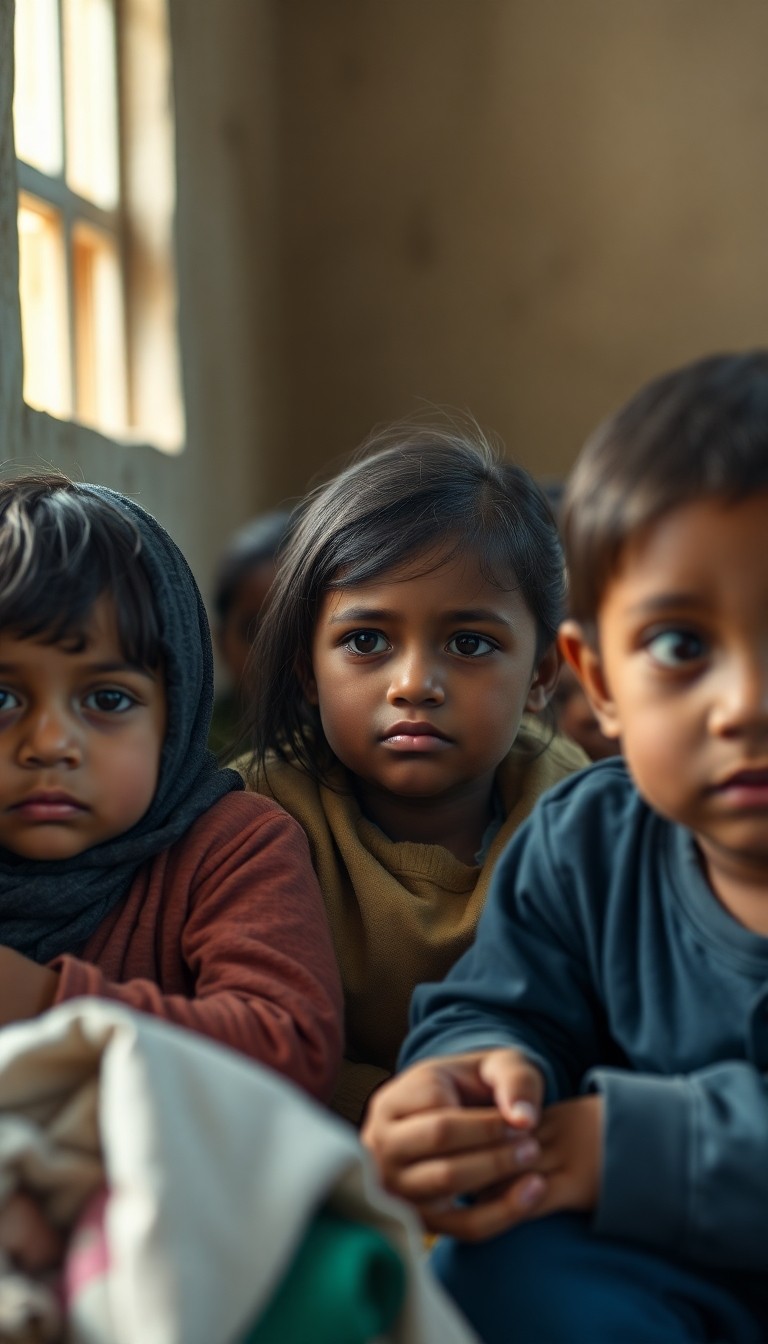 Photorealistic scene of children in a humanitarian shelter showing subtle sadnes...