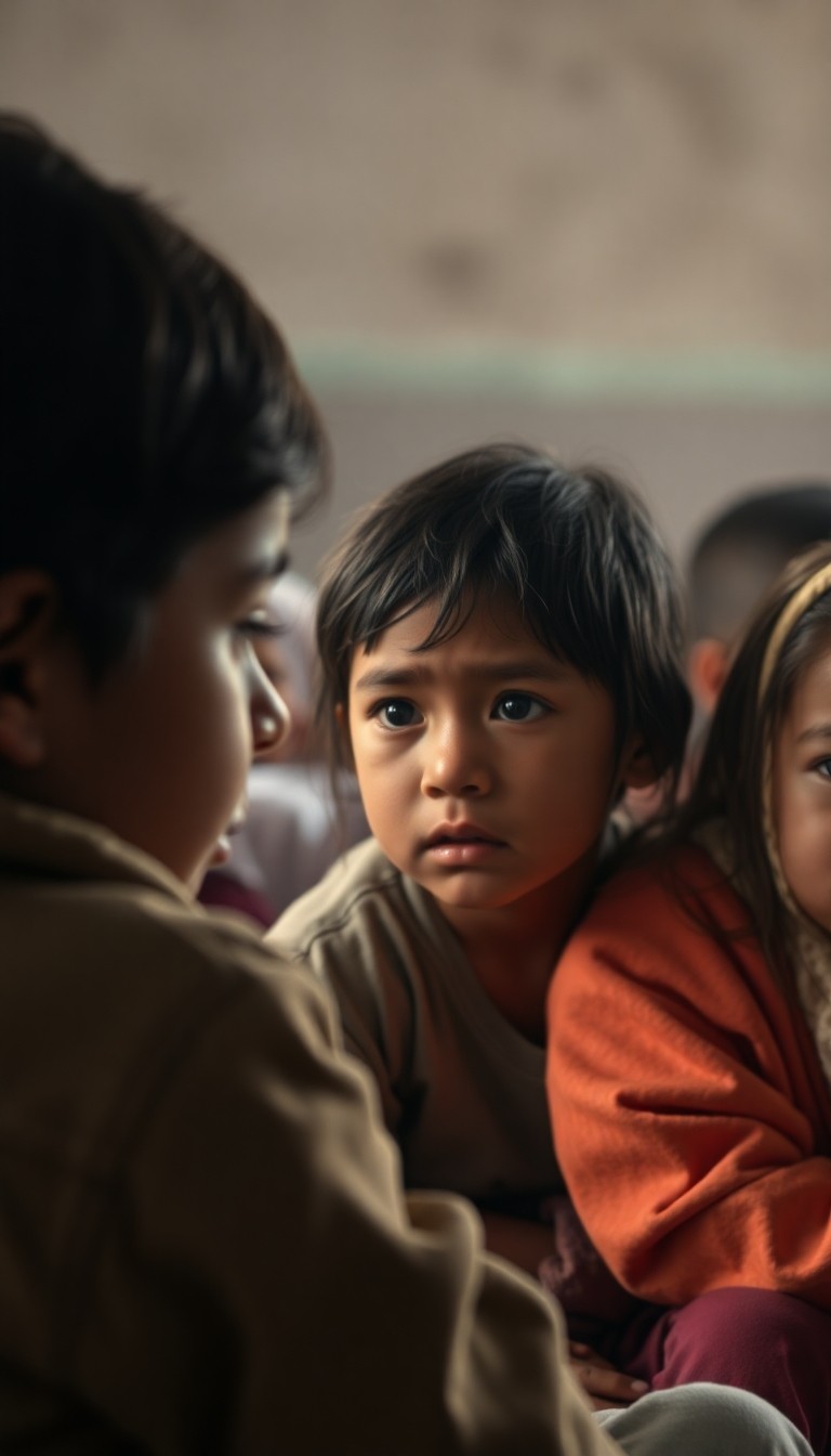 Photorealistic scene of children in a humanitarian shelter showing subtle sadnes...
