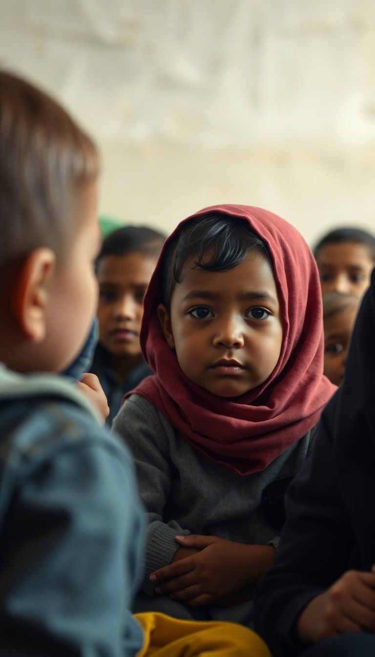 Photorealistic scene of children in a humanitarian shelter showing subtle sadnes...