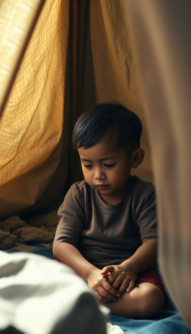 A child sitting quietly inside a temporary shelter, looking down with a subtle e...