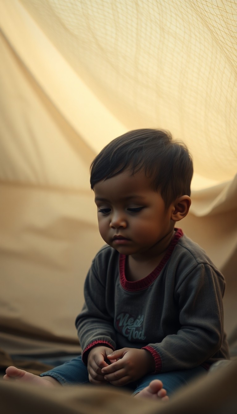 A child sitting quietly inside a temporary shelter, looking down with a subtle e...