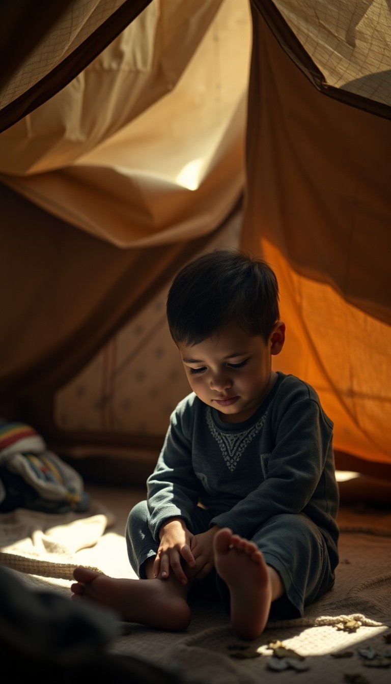 A child sitting quietly inside a temporary shelter, looking...