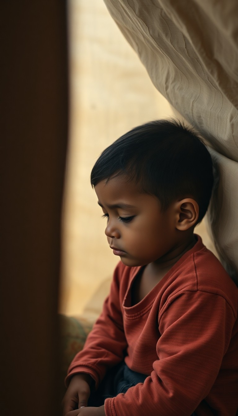 A child sitting quietly inside a temporary shelter, looking down with a subtle e...