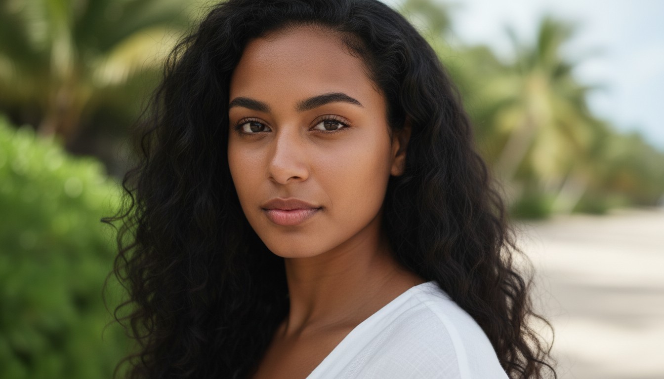 Portrait ultra réaliste d'une jeune femme d'origine mauricienne, cheveux noirs o...