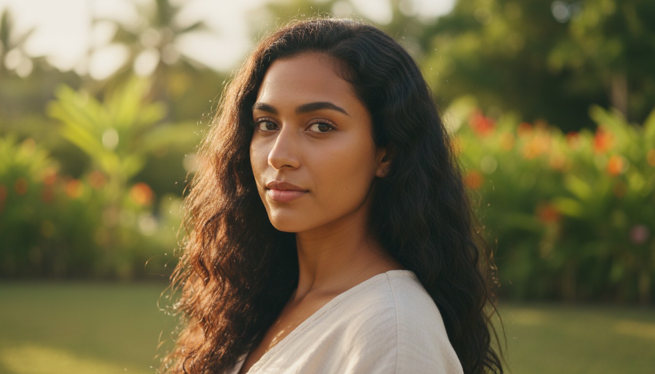 Portrait ultra réaliste d'une jeune femme d'origine mauricienne, cheveux noirs o...
