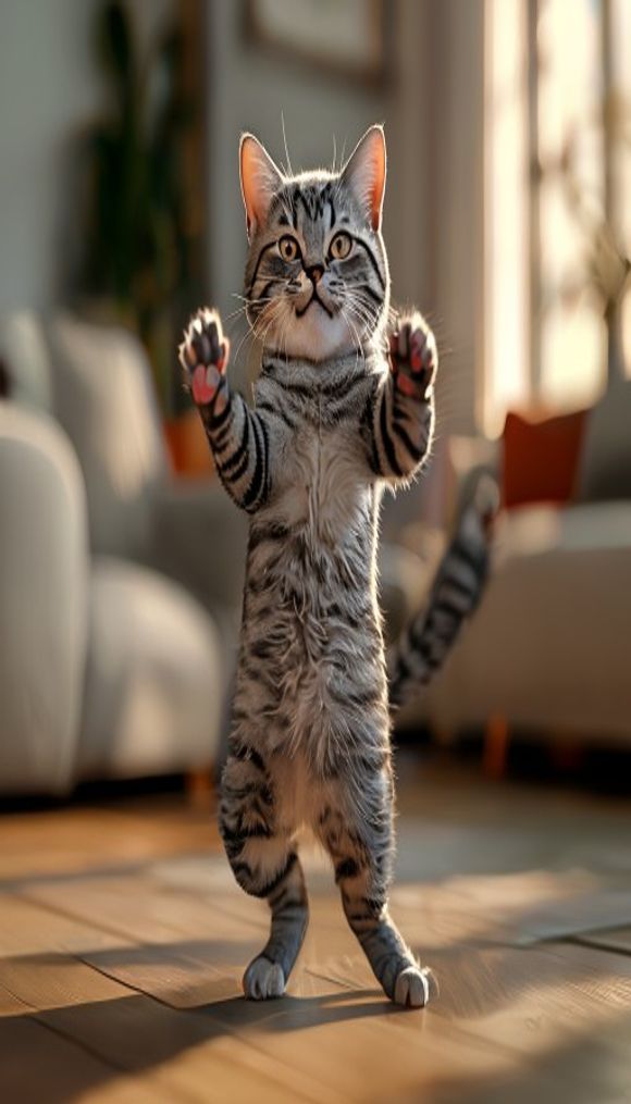 Photorealistic scene of a cute gray tabby cat dancing the Ma...