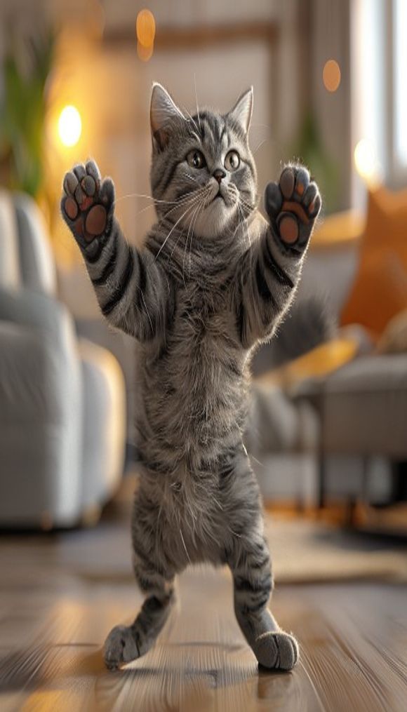 Photorealistic scene of a cute gray tabby cat dancing the Ma...