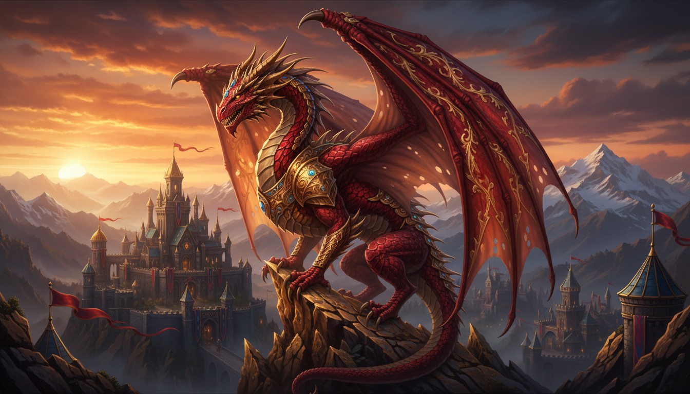 Un dragon rouge majestueux surplombant un château médiéval au coucher du soleil,...