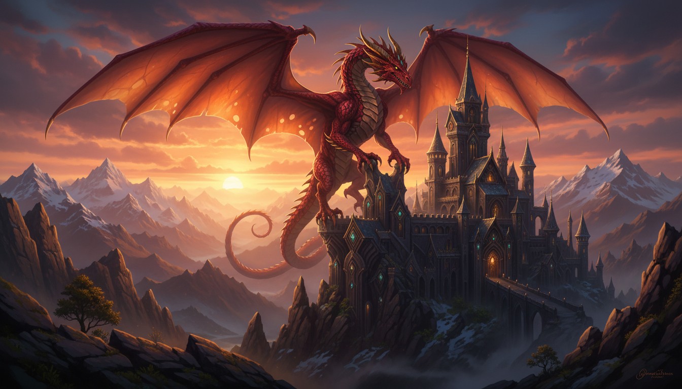 Un dragon rouge majestueux surplombant un château médiéval au coucher du soleil,...