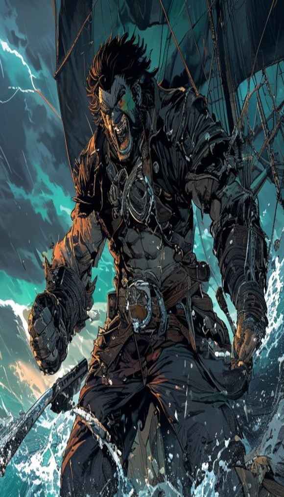 Dynamic manga-style illustration of an ultra-muscular pirate...