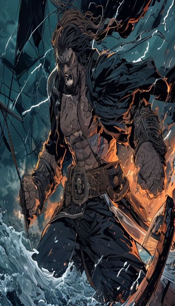 Dynamic manga-style illustration of an ultra-muscular pirate...