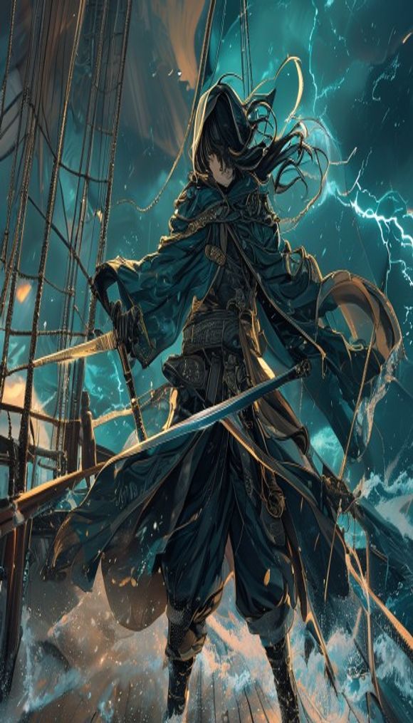 Anime aesthetic, a daring young onmyoji-like pirate with twi...