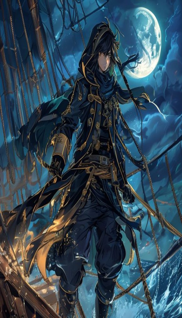 Anime aesthetic, a daring young onmyoji-like pirate with twi...