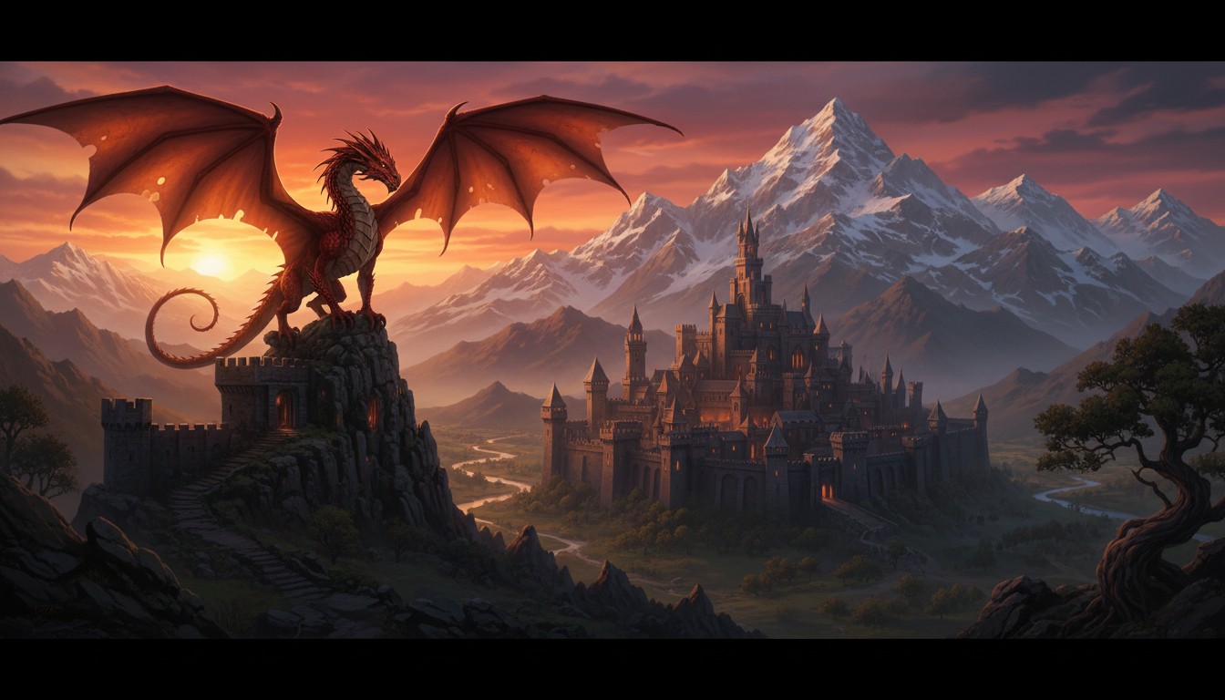 Un dragon rouge majestueux surplombant un château médiéval au coucher du soleil,...