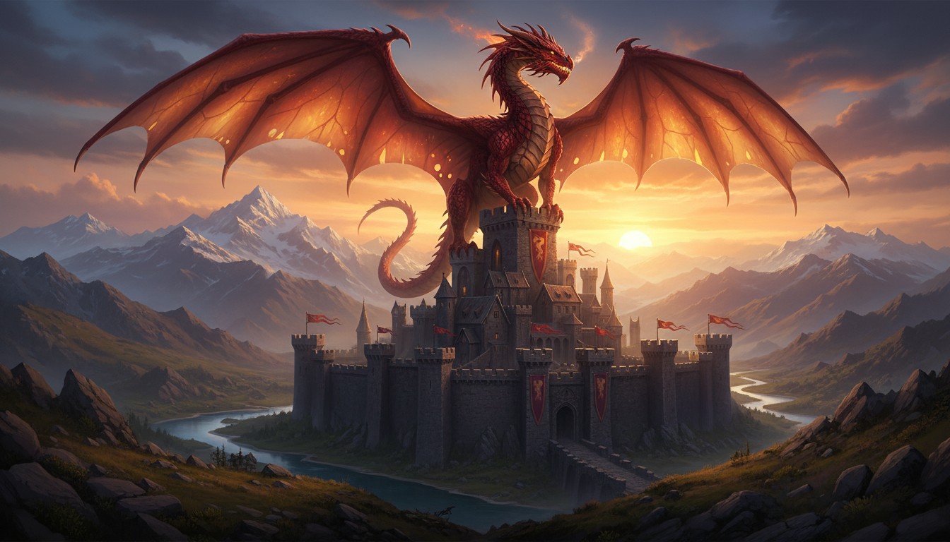 Un dragon rouge majestueux surplombant un château médiéval au coucher du soleil,...