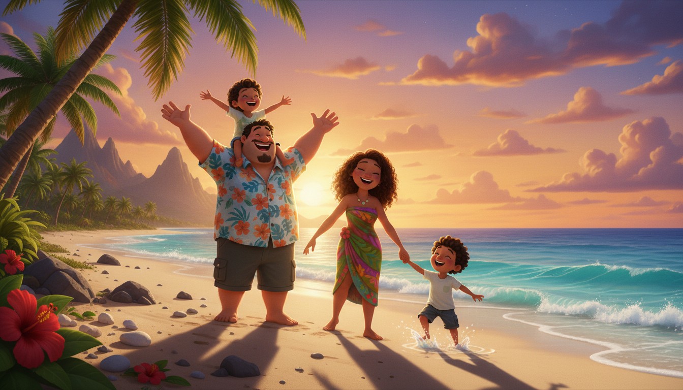 Famille heureuse sur une plage tropicale à l'île Maurice, style animation Pixar,...