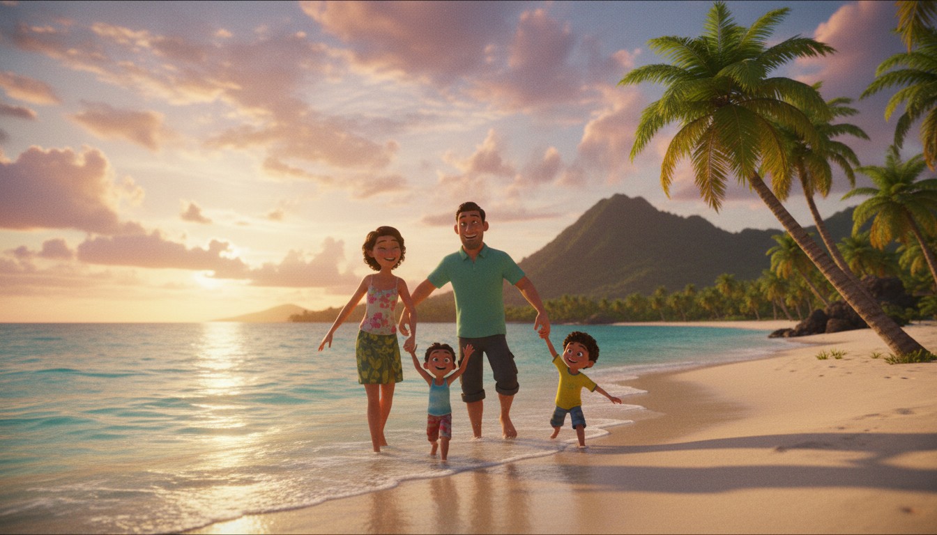 Famille heureuse sur une plage tropicale à l'île Maurice, style animation Pixar,...