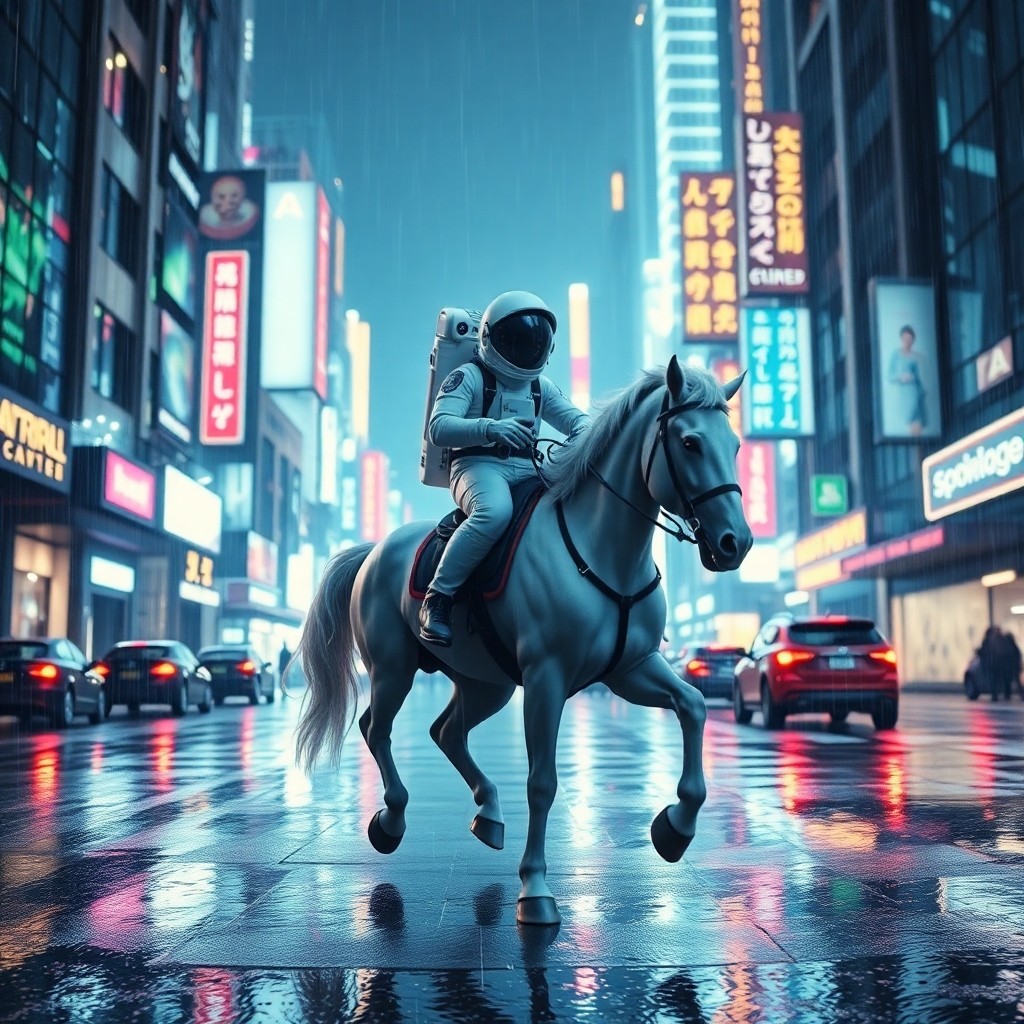 Hyper realistic cinematic scene, astronaut riding a white horse through a neon c...